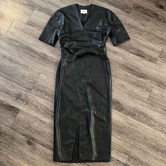 Nanushka Black Vegan Leather Penelope Wrap Dress - Picture 1 of 8
